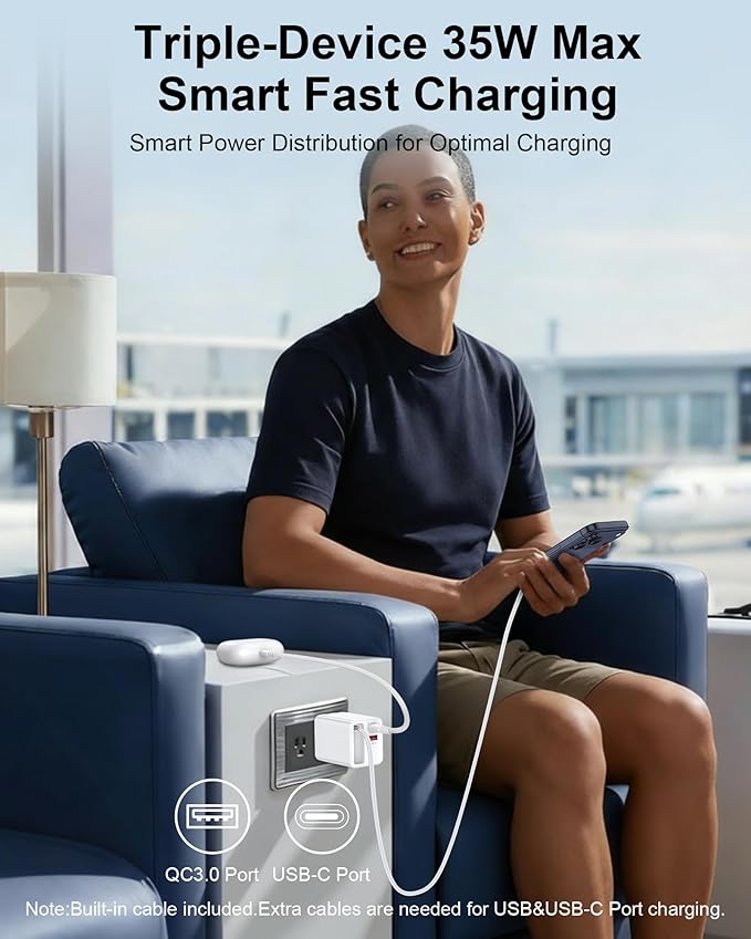 35w Retractable iPhone Wall Charger USB C, 3-in-1 Fast Charging Block with Built-in Retractable Cable, USB-C & USB-A Multi Ports, Foldable Plug Travel Ac Power Adapter for Apple 17e 17 Pro 16e 16 15