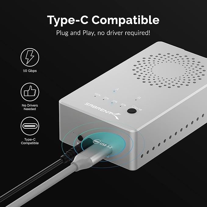 SABRENT Tool Free USB Type C Dual Docking Station for PCIe NVMe M.2 SSDs with Offline Cloning Function (EC-SSD2)