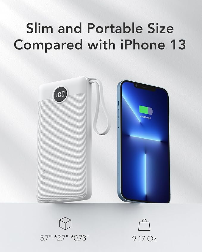 VRURC Portable Charger Built in Cables, Slim Power Bank 10000mAh, Multi Devices Charging Bank with Lanyard, USB C Battery Pack 5 Outputs for iPhone 17 Pro 17 16 15 14 13, Samsung Phones-White(1 Pack)