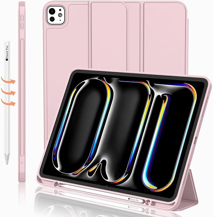 iMieet iPad Pro 13 Inch Case (M5/M4) 2025/2024 with Pencil Holder, Trifold Stand Smart Case with Soft TPU Back, Auto Wake/Sleep (Pink)