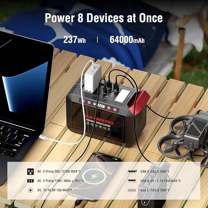 Portable Power Station 300W MARBERO 237Wh Camping Solar Generator Backup Lithium Battery with Pure Sine Wave 110V AC Outlet, USB C, USB A, DC for Outdoors Camping CPAP Home Blackout Emergency