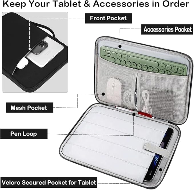 CAAORDKSO 9-11 Inch Tablet Sleeve Travel Tablet Case for 11 inch iPad A16, 10.5" 11 inch iPad Air/Pro, 9.7" 10.2" 10.9" iPad, Samsung Galaxy Tab A9+ Plus 11”/S8/S9, Amazon Fire HD 10 tablet Bag, Black
