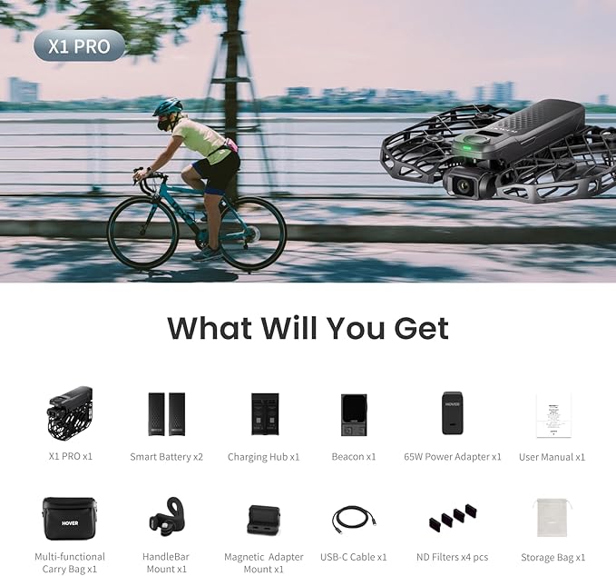 HOVERAir X1 PRO 4K Action Flying Camera, Foldable Drone with Camera with 42 KM/H Follow Speed, 10+ Fully Automatic Flight Modes, Fly Anywhere with OmniTerrain, SmoothCapture 2.0(Cycling Combo)