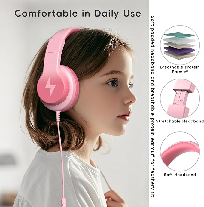 Candy Bila Kids Wired Headphones for Kids with Microphone, 85/94dB Volume Limiter Headphones for Girls Boys, Light Pink
