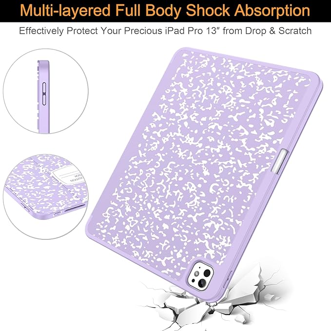Soke Case for New iPad Pro 13 Inch (M5/M4, 2025/2024 Release), with Pencil Holder Trifold Stand Shockproof [Support Apple Pencil Charging + Auto Wake/Sleep], Soft TPU Back Cover, Book Lilac