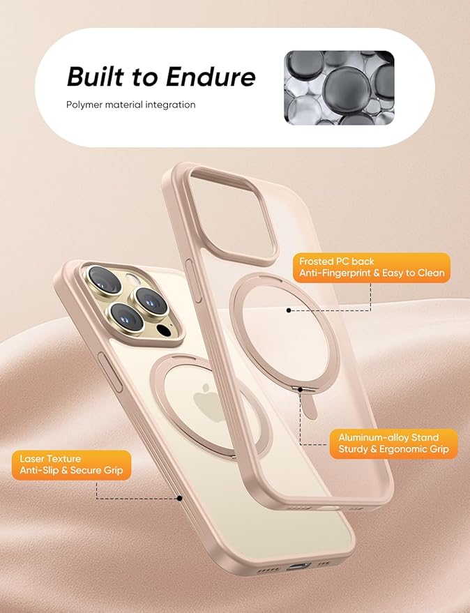 MAGIC JOHN 360° Rotatable Magnetic Invisible Stand for iPhone 14 Pro Max Case [Anti-Slip Grip] [Compatible with MagSafe] 16FT Shockproof for iPhone 14 Pro Max Case with Kickstand, Rose Gold