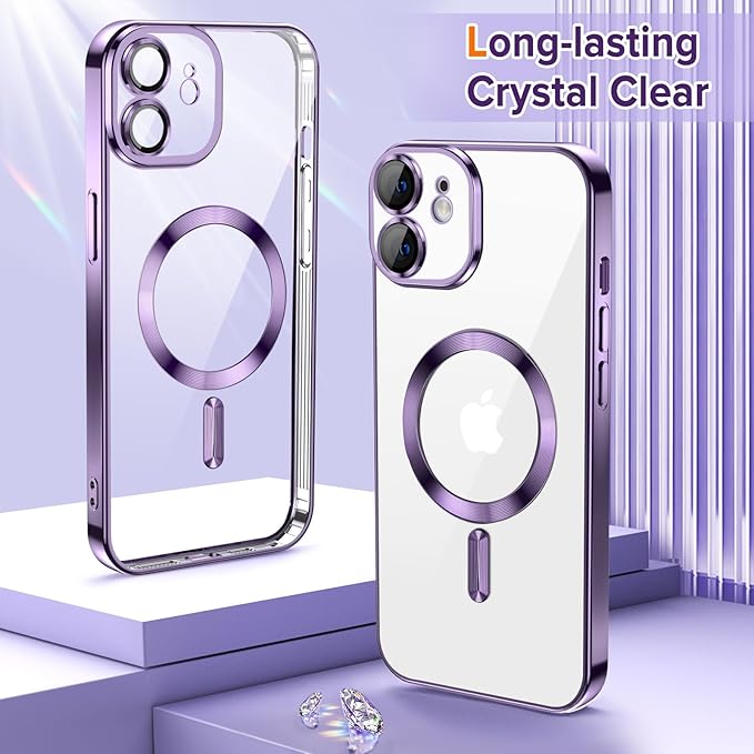 Hython Magnetic Clear for iPhone 12 Case with Camera Lens Protector [Compatible with MagSafe] Luxury Plating Edge Slim Soft TPU Cover Protective Phone Case for iPhone 12 6.1", Deep Purple