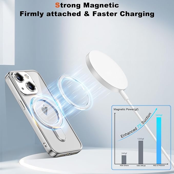 Compatible with iPhone 13 Case with Invisible Magnetic Ring Stand [Compatible with Mag-Safe] [Full Camera Lens Protector] Plating Clear Phone Case for iPhone 13 6.1", Silver
