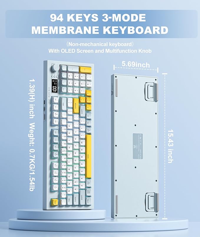 Tri-Mode Wireless Keyboard, BT/2.4G/Wired, Silent Membrane, RGB Backlit, Display Screen & Multimedia Knob, 94 Keys PBT Keycaps for PC Home Gaming Office Use