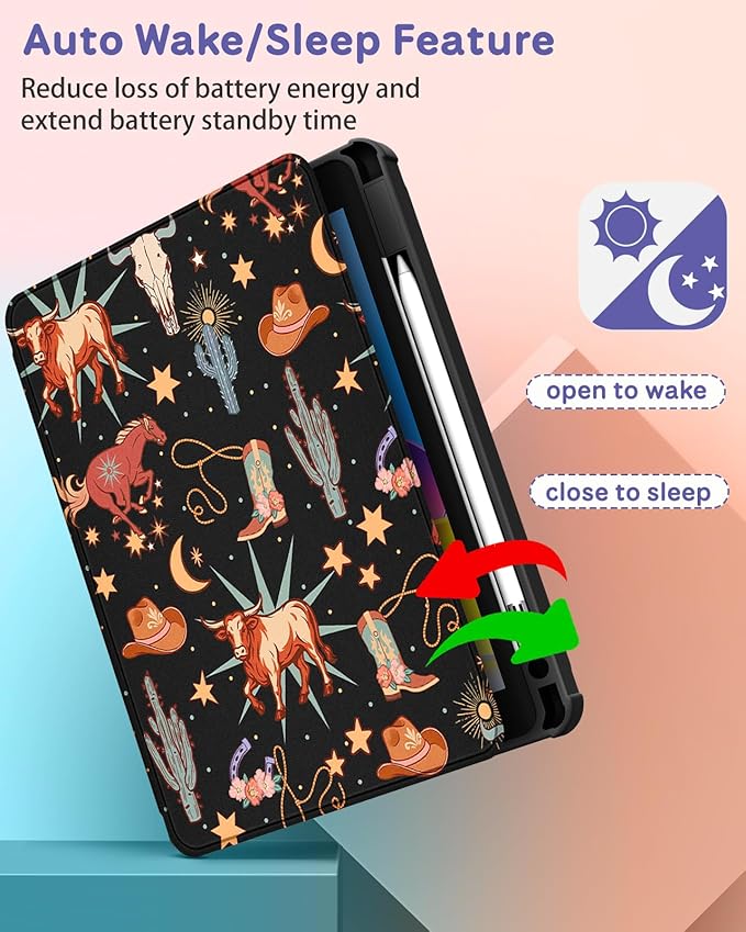 Uppuppy for iPad Air 11 inch Case(Air M4 2026, 8th Gen/M3 2025/M2)/Air 5th/4th Gen 10.9", for iPad Pro 11 inch Case(4th/3rd/2nd/1st Gen) - 360 Rotating Folio Cover with Pencil Holder, Western Cowboy