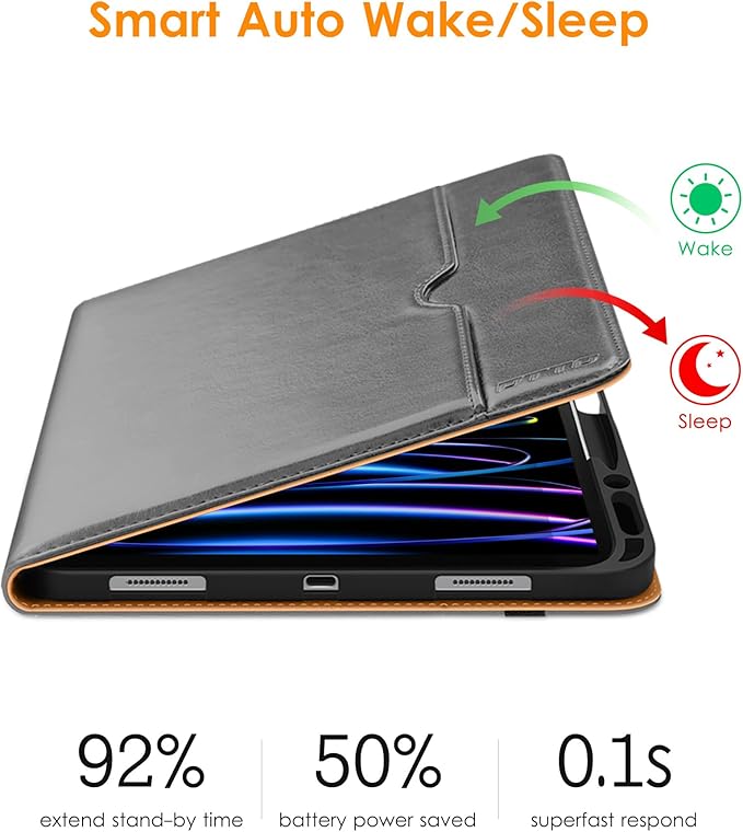 DTTO for iPad Pro 12.9 6th / 5th / 4th / 3rd Generation Case 2022/2021/2020/2018, Leather Folio Stand Cover with Built-in Apple Pencil Holder -Auto Wake/Sleep and Multi Viewing Angles, Grey