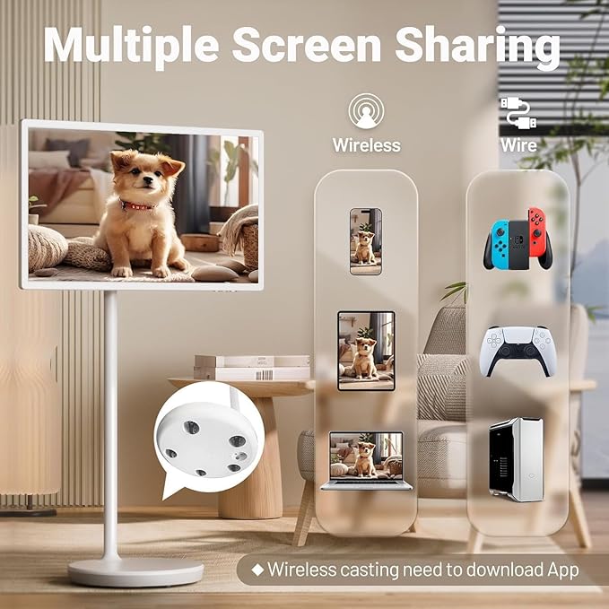 4K Smart Portable TV On Wheels, Touch Screen Monitor with 4K HD Display, Android 13 OS, Full Swivel Rotation, Dual Speakers & Wireless Connectivity for Home/Office/Travel 24in-8G128G