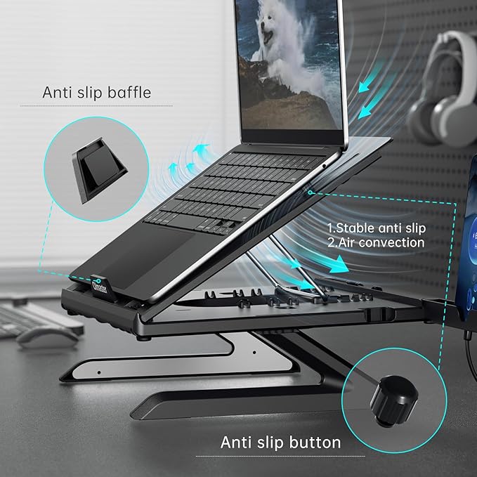 OImaster Laptop Stand for Desk, Muti-Angle Adjustable Portable Foldable with Heat-Vent, Ergonomic Laptop Stand Riser Compatible with MacBook, Air, Pro, Surface Laptop (9-15.6 inches) (Black)
