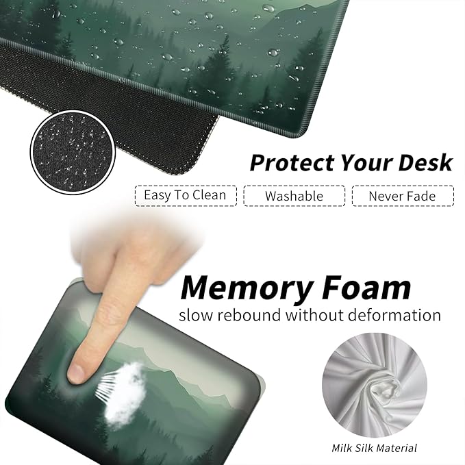 Wrist Elbow Support Arm Rest Desk Mouse Pad Set,Large Mouse Pad + 2 Elbow Rest Pad + Coaster,(31.5×11.8 in) Ergonomic Memory Foam for Office,Gaming,Computer,Laptop-Fog Forest