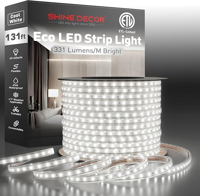 Shine Decor LED Strip Light Easy Connectable, 6000K Cool White Cold Resist Weatherproof Plug-in for Indoor Outdoor, 101 LM/FT Dimmable Bright Eco Rope Lighting 131FT, 120V Whole Set ETL Listed