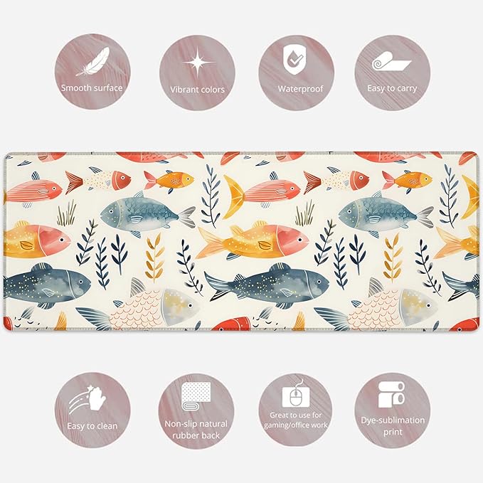 Watercolor Fish Gaming Mouse Pad, Large Desk Mat with Aquatic Plant for Laptop Keyboard Computer, Non-Slip Rubber Base Desktop Extended Mousepad for Office Home Accessories 31.5"×11.8"