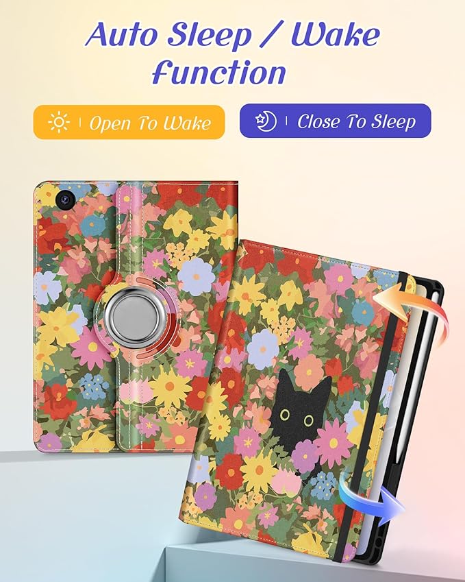 Kidcube for Samsung Galaxy Tab A9 Plus Case 11 Inch - for Women Girls Cute Rotating Stand Folio Cover with Pencil Holder & Card Slot Girly Kawaii Cat Flowers Design for Samsung A9 Plus Tablet Cases