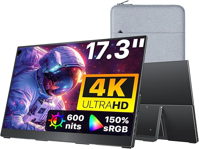 cocopar Portable Monitor 17.3 Inch 4K UHD 60Hz 150% sRGB Travel Monitor with Speaker HDMI USB-C Second Screen for Laptop MacBook Surface PC Xbox PS4/5, VESA Mountable, with Kickstand