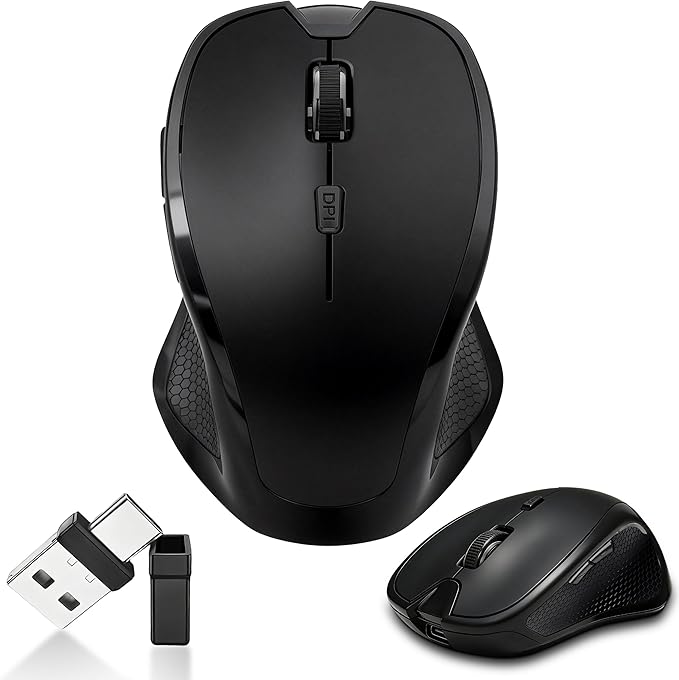 Wireless Bluetooth Mouse for Mac & iPad, Ergonomic Rechargeable Mouse with Built-in Jiggler Mode, Dual USB-C & USB-A Receiver, Quiet Optical Mouse for Laptop, Desktop & Tablet – Black