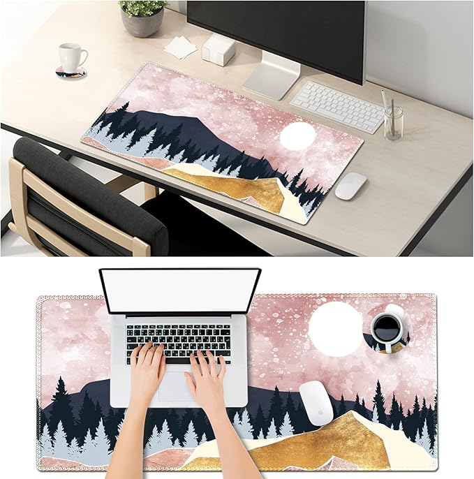 ARTSO Large Gaming Mouse Pad with Stitched Edges, XXL Extended Keyboard Mat Long Mousepad Desk Decor Writing Pad 35.1x15.7 in, Non-Slip Base for Work, Game, Office, Home, Pink Abstract Mountain