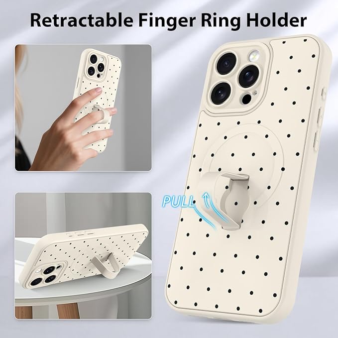 KANGHAR Compatible with iPhone 15 Pro Case, Support for MagSafe, Silicone Spot Cute Pattern, Wristband Kickstand Camera Protection Soft Slim Cover for Girls Women -White