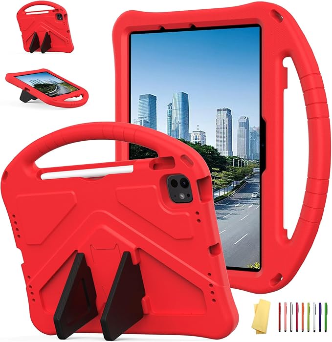 Kids Case for iPad Air 11 inch M4/M3/M2 (2026/2025/2024) with Pencil Holder/Shockproof Handle/Kickstand/Slim Lightweight Soft EVA Foam Folio Stand Tablet Protective Girls Boys Cover, Red