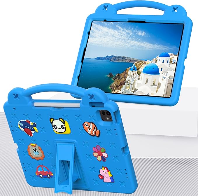 Kids Case for iPad Air 13 inch M3 2025/M2 2024,iPad Pro 13 inch M4 2024 & iPad Pro 12.9 inch Case 6th/5th/4th/3rd Gen 2022 2021 2020 2018 with Stand/Pencil Holder/Handle, Sky Blue Bear