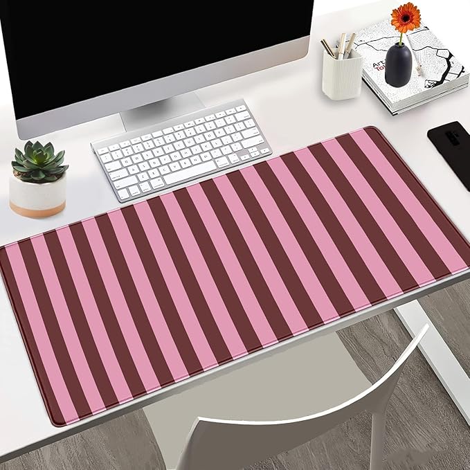 Pink and Burgundy Striped Desk Mat Cute Pastel XXL Large Gaming Mouse Pad Desk Pad Kawaii Cozy Aesthetic Keyboard Laptop Computer Mat