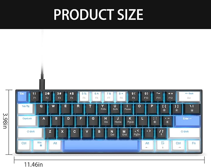 Camiysn 60% Mechanical Gaming Keyboard,White Black Blue Keycaps Gaming Keyboard with Linear Red Switch, Detachable Type-C Cable Mini Keyboard with Blue LED Light for Windows/Mac/PC/Laptop