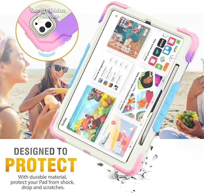HXCASEAC for iPad Pro 13 Inch Case (M5/M4) 2025/2024, Shockproof Design with Pencil Holder, Protector, Rotating Stand, Hand Strap, Heavy Duty Protective iPad Pro13 Cover A3360 A2925, Rainbow Pink