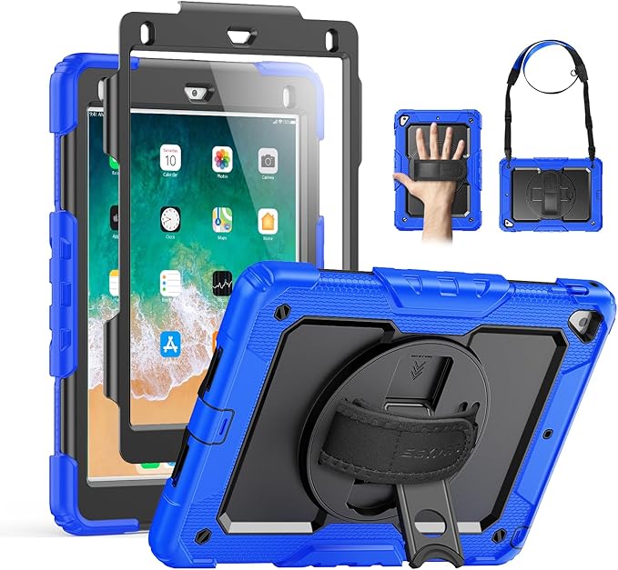 SEYMAC Case for iPad 6th/5th Generation 9.7 Inch, Full-Body Shockproof Heavy Duty Protective Case with Screen Protector, Rotating Stand/Hand/Shoulder Strap for iPad Air 2/ Pro 9.7, Blue