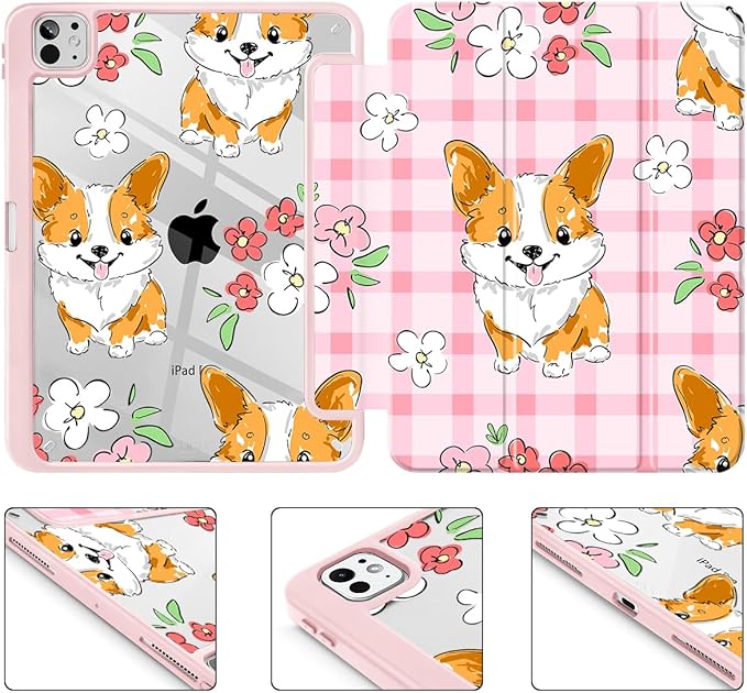 May Chen for iPad Pro 13 Inch Case M5 2025 / M4 2024, Built Pencil Holder & Clear Transparent Print Back Shell Slim Stand Shockproof Tablet Cover, Auto Wake/Sleep, Corgi Dog Stripes