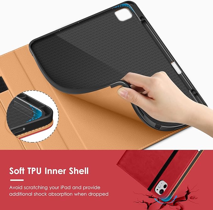 VIKESI Case for iPad Pro 13-inch M5 or M4 Released in 2025 or 2024, Leather Stand Cover with Apple Pencil Holder, Auto Wake/Sleep, Multiple Viewing Angles, Built in Hand Strap & Pocket,Red
