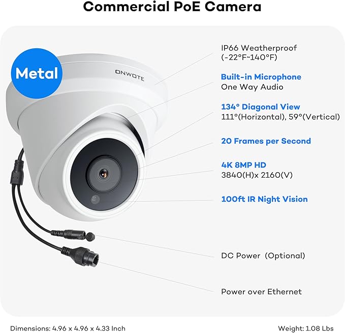 ONWOTE 4K 8MP PoE IP Security Camera, AI Human Vehicle Detection, 3840x2160 8 Megapixels, 134° FoV, Video Audio, Indoor Outdoor, Commercial Wired Camera for Business