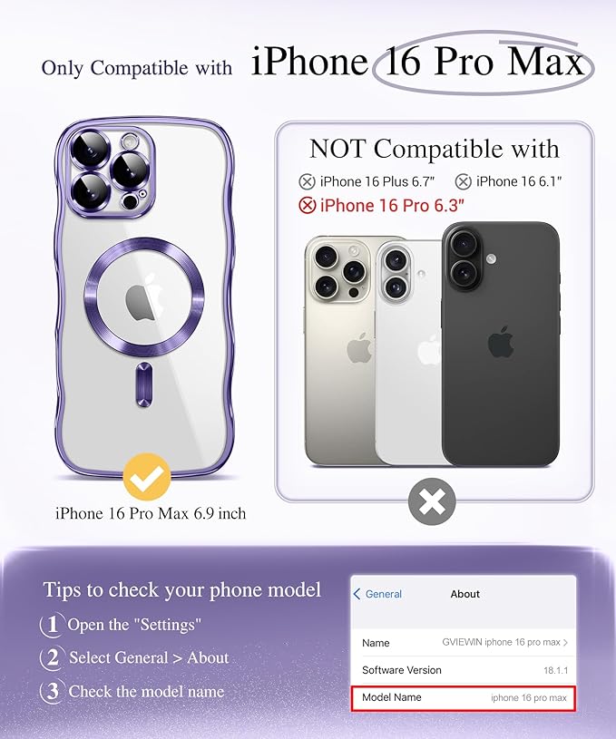 GVIEWIN for iPhone 16 Pro Max Case Compatible with MagSafe, Upgraded [Full Camera Protection][Cute Wave Frame][Military Grade Protection] Electroplated Soft Phone Cover for Women Girl, Clear/Purple