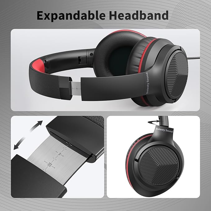 Botesty Sound Headphones Wired with Microphone, Over Ear Foldable 3.5mm Plug in Headphones Corded with 4.9ft Tangle-Free Nylon Cord for Tablet, Laptop, MP3/4, School, Airplane Travel (Black Red)