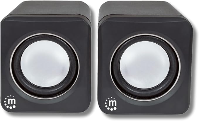MANHATTAN USB Powered Stereo Speaker System - Small Size - with Volume Control & 3.5 mm Audio Plug to Connect to Laptop, Notebook, Desktop, Computer - 3 Yr Mfg Warranty - Black Silver, 166898