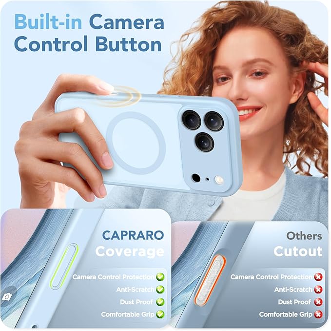 CAPRARO Magnetic for iPhone 17 Pro Case, Upgraded [Full Camera Protection] [Compatible with MagSafe] Protective Translucent Matte Women Girl Phone Case Cover, Light Blue