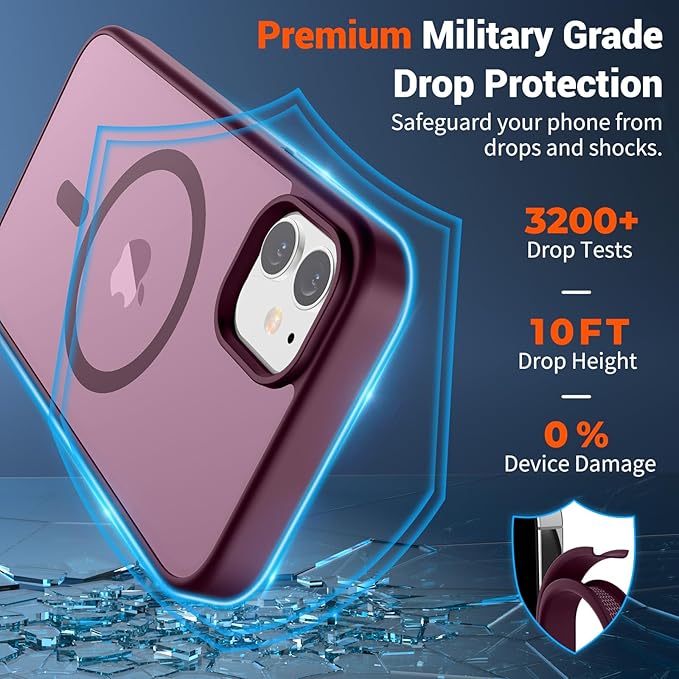 SUPFINE Magnetic for iPhone 12 Mini Case & iPhone 13 Mini Case (Compatible with MagSafe) (Military Grade Drop Protection) Translucent Matte Shockproof Phone Cover,Wine Red