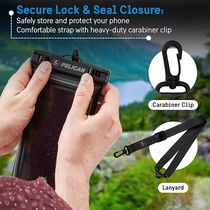 Pelican 4 Pack Marine - IP68 Waterproof Phone Pouch (Regular Size) Floating Waterproof Phone Case - Beach Cruise Ship Travel Essentials - Works with All Phones - Detachable Lanyard - Black