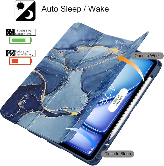 Soke Case for iPad Air 13 Inch (M4/M3/M2,2026-2024), iPad Pro 12.9" 6th/5th Generation with Pencil Holder(2021 2022 Release)-[Apple Pencil Charging + Auto Wake/Sleep] Soft Back Cover, Navy Marble