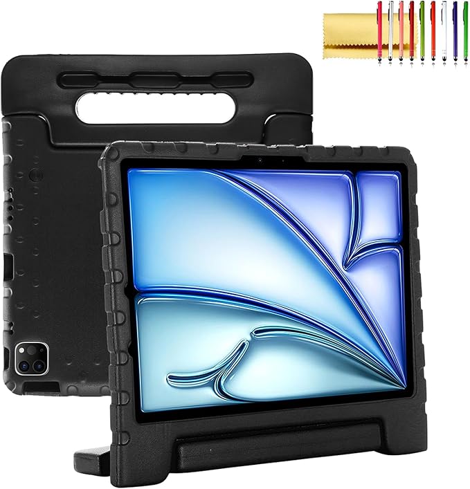 Dteck Kids Case for iPad Air 11" M2 2024, iPad Pro 11" Case 2024, Lightweight Shockproof Rugged EVA Kids Friendly Handle Kickstand Child Proof Protective Case with Pencil Holder, Black