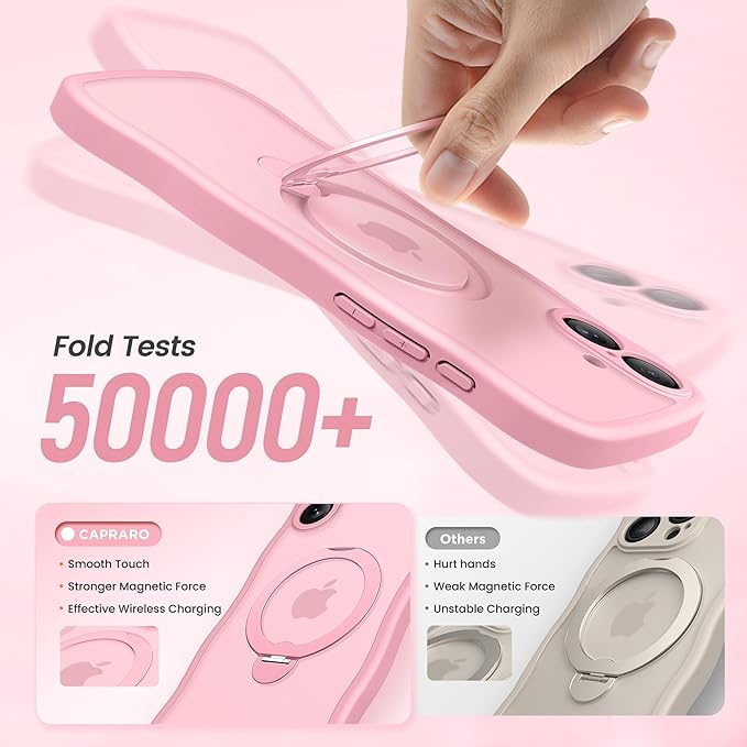 CAPRARO for iPhone 16 Case with 360° Spin Magnetic Stand for Women, [Compatible with MagSafe] [Full Camera Protection] Cute Wave Translucent Matte Case for iPhone 16, Peach Pink