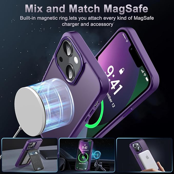 Newfuture Designed for iPhone 13 Case & iPhone 14 Case with Magnetic [13 FT Military Drop Protection] [Compatible with Magsafe] Translucent Shockproof with Anti-Fingerprint Phone Case, Deep Purple