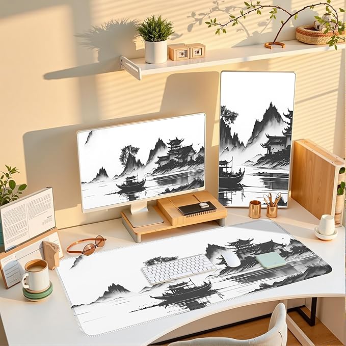Chinoiserie Mouse Pad Black White Large Ink Painting Desk Mat Landscape XXL Large Gaming Mouse Mat for Office,Computer,Keyboard,Laptop and Home Desk Mat 31.5 X 15.7inch
