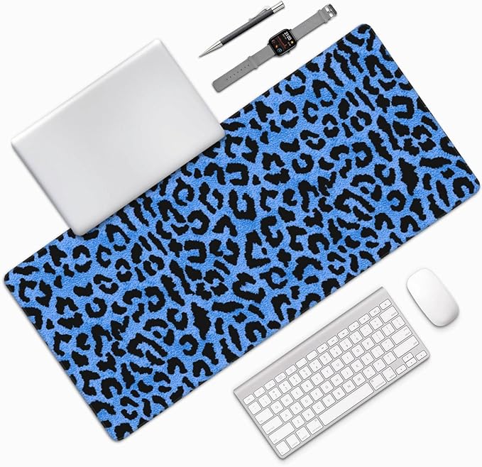 Blue Leopard Skin Print Mouse Pads XXL Extended Mousepad with Stitched Edges Non-Slip Rubber Base Computer Keyboard Pad Desk Mat for Home Office Desk Decor, 35.4" X 15.7"