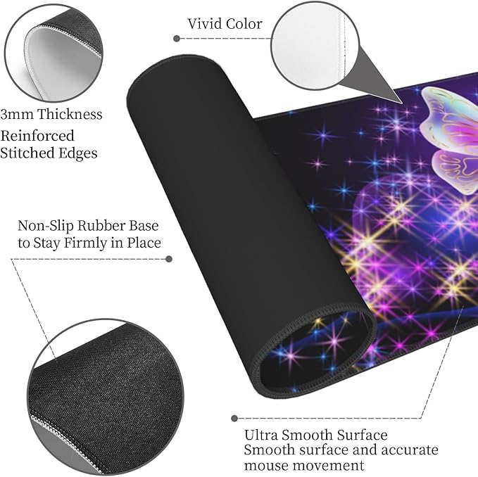 Butterfly Mouse Pad Extended Large Gaming Mouse Pad XL Oversized Desk Pad Stitched Edges 31.5 X 11.8 Inch
