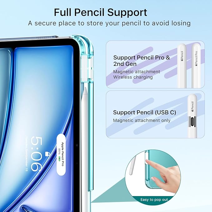 MoKo for iPad Air 11 inch Case (M4/M3/M2) 2026/2025/2024, iPad Air 5th/4th Gen 10.9 inch Case 2022/2020 with Pencil Holder, Slim Light Trifold Cover with Hard PC Translucent Back Shell, Bondi Blue