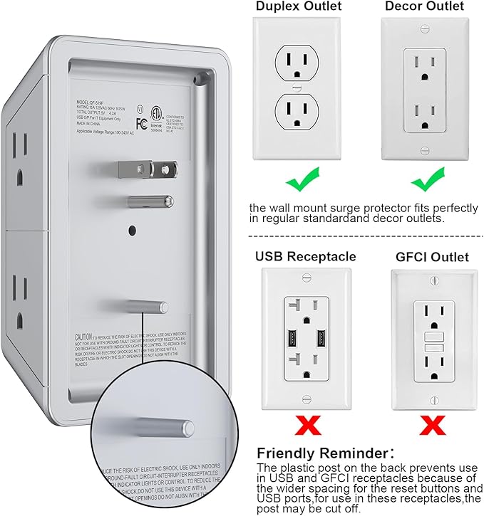 Multi Plug Outlet Surge Protector, Lvetek Outlet Extender with 5 Outlet and 4 USB Ports(2 USB C), 3-Sided Multiple-Plug Outlet Splitter Wall Charger for Home Travel Office,ETL Listed,Grey