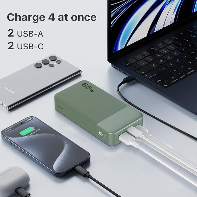 NOBIS 20000mAh Battery Pack Power Bank 65W Power Bank, Portable Charger with Digital Display, Dual USB-C/USB-A Fast Charging for Laptop, Phone, Tablet, Travel-Friendly External Battery Pack